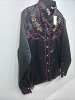 New Women’s Cumberland Black Floral Long Sleeve Pearl Snap Large KK-88