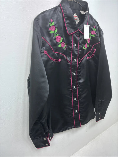 New Women’s Cumberland Black Floral Long Sleeve Pearl Snap Large KK-88