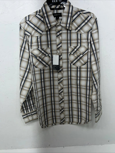 New Men’s Tan Plaid ELY 1878 Long Sleeve Pearl Snap Shirt. Large P-72