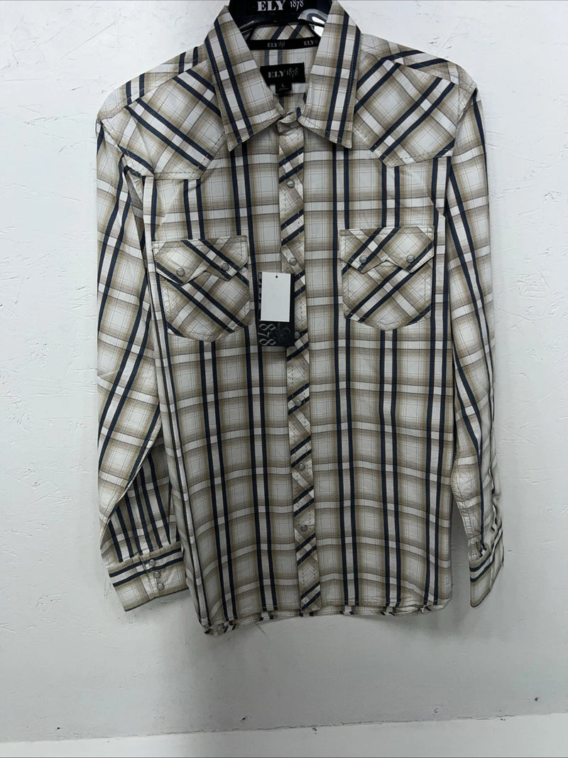 New Men’s Tan Plaid ELY 1878 Long Sleeve Pearl Snap Shirt. Large P-72