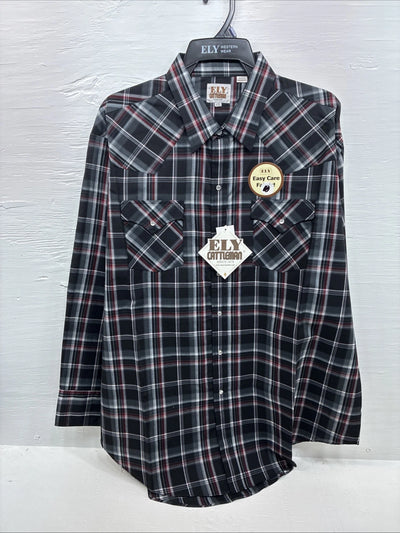 New Men’s ELY Cattleman Black Red Flannel Long Sleeve Pearl Snap 2XL F-93