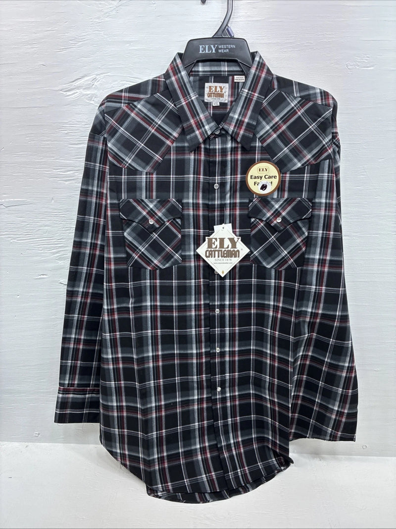 New Men’s ELY Cattleman Black Red Flannel Long Sleeve Pearl Snap 2XL F-93