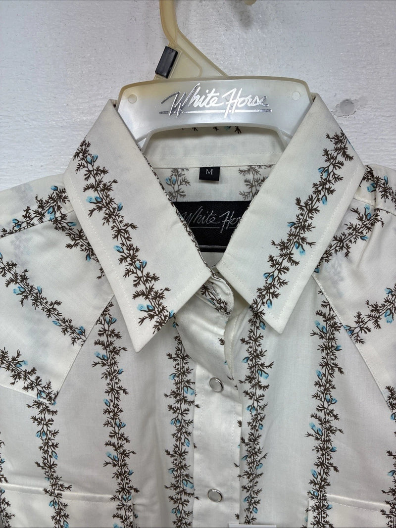 New Women’s White Horse White Floral Long Sleeve Pearl Snap Medium YY-80