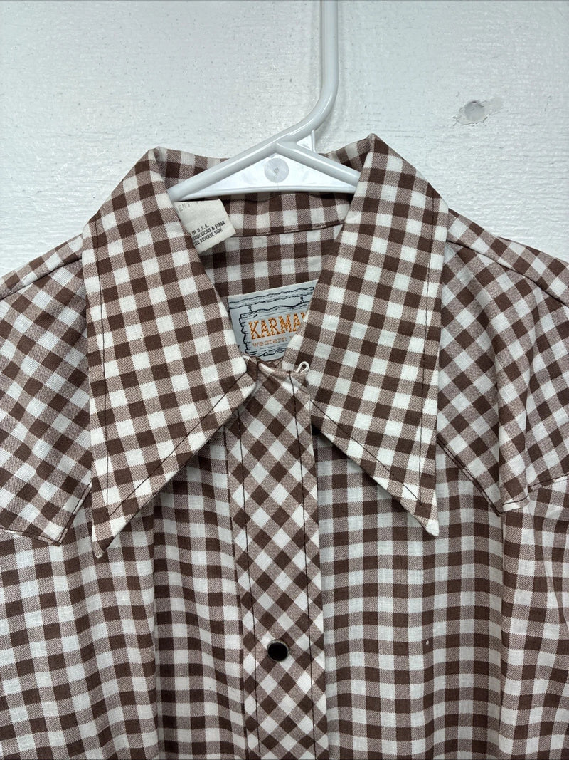 New Women’s Karman Brown Checker Long Sleeve Pearl Snap Size 36 MM-36