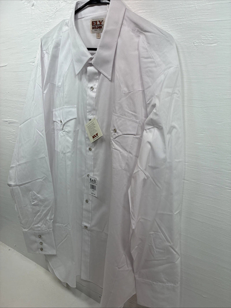 New Men’s ELY Cattleman White Long Sleeve Pearl Snap 18.5 X 36 2XL R-23