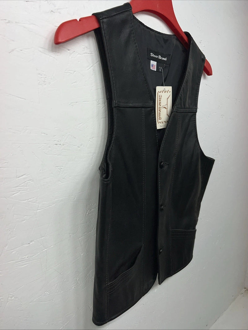 New Women’s Steerbrand Black Leather Biker Vest Small S-601