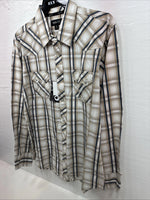 New Men’s ELY 1878 Brown Blue Plaid Long Sleeve Pearl Snap XL V-28