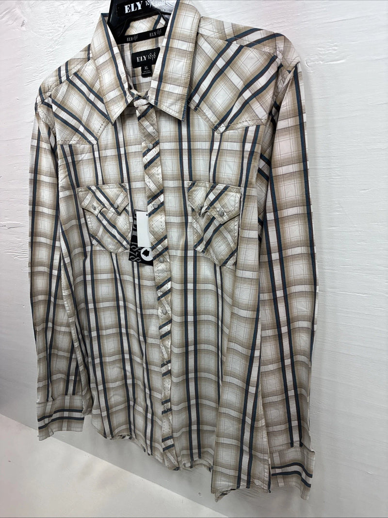 New Men’s ELY 1878 Brown Blue Plaid Long Sleeve Pearl Snap XL V-28