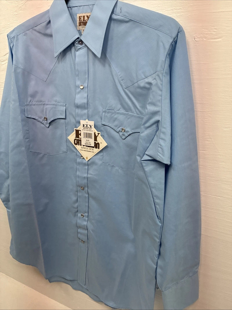 New Men’s ELY Cattleman Blue Simple Long Sleeve Pearl Snap Medium J-87