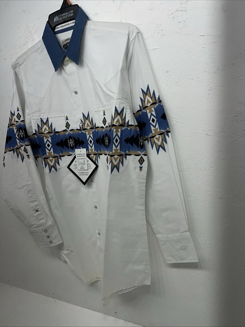 New Men’s White Blue Cumberland Outfitters Pearl Snap Long Sleeve Medium I-54