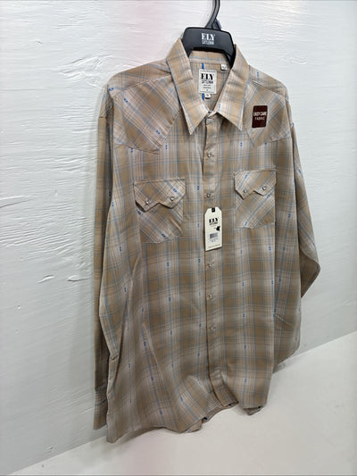 New Men’s ELY Cattleman Beige Flannel Design Long Sleeve Pearl Snap 2XL F-91