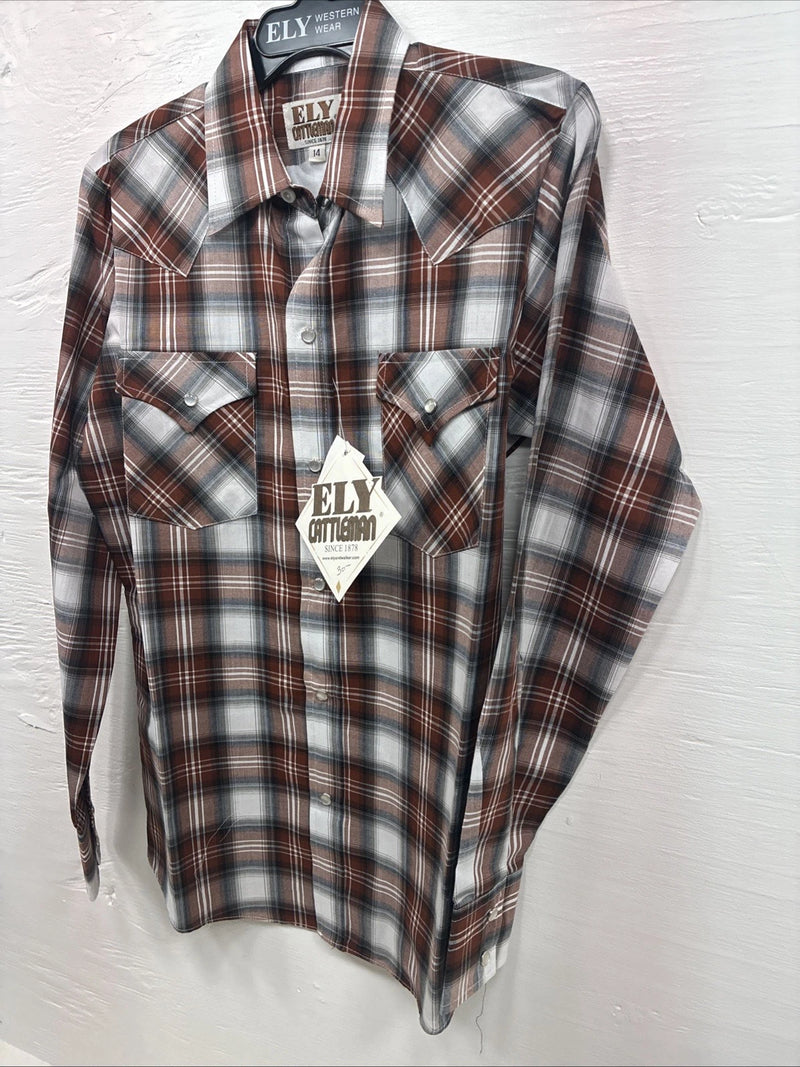 New Kids ELY Cattleman Orange Plaid Long Sleeve Pearl Snap Size 14 DD-38