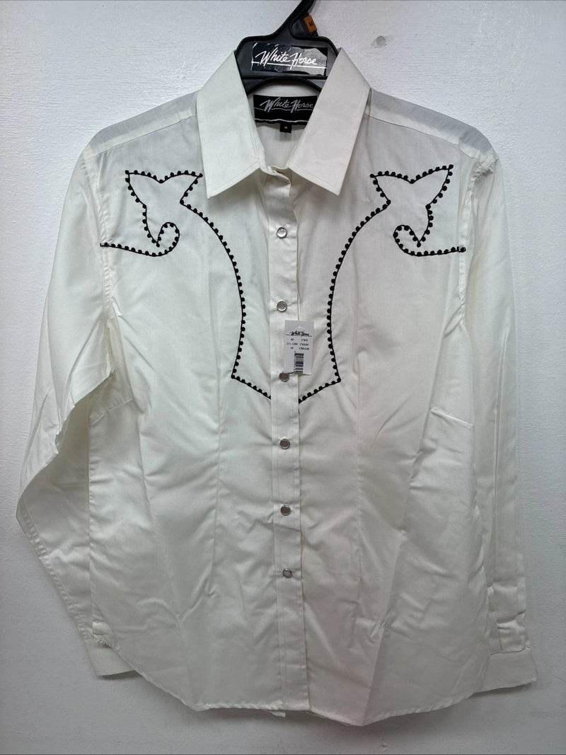 New Women’s White Horse Cream Design Long Sleeve Pearl Snap Medium LL-79