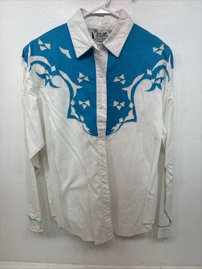 New Women’s Mine & Bills White Blue Long Sleeve Button Up Large TT-58