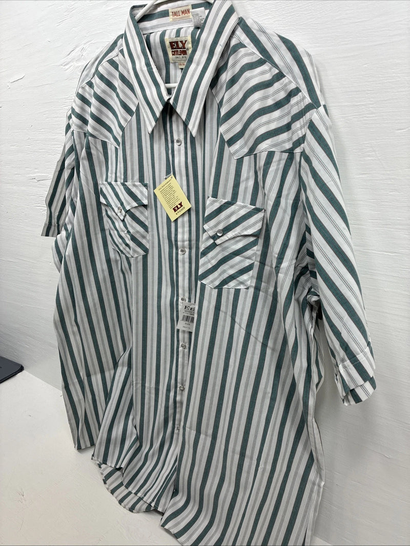 New Men’s ELY Cattleman Blue White Stripe Short Sleeve Pearl Snap 3XL E-41