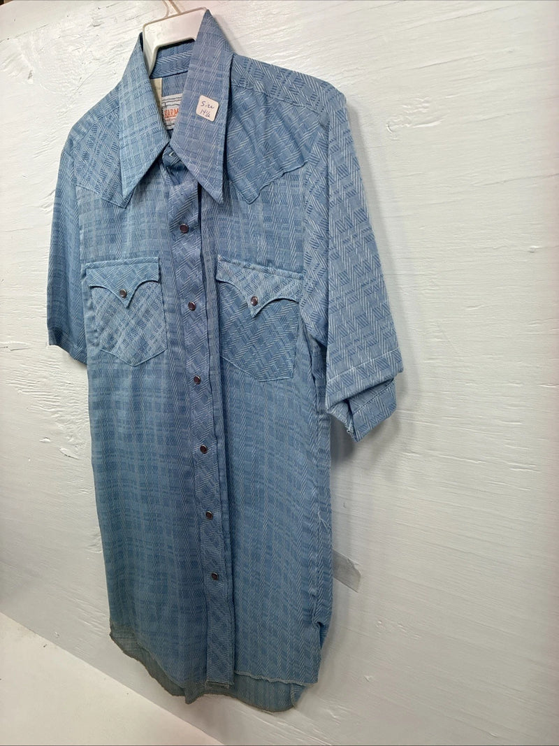 New Men’s Karman Blue Designed Short Sleeve Pearl Snap 14.5 Small V-9