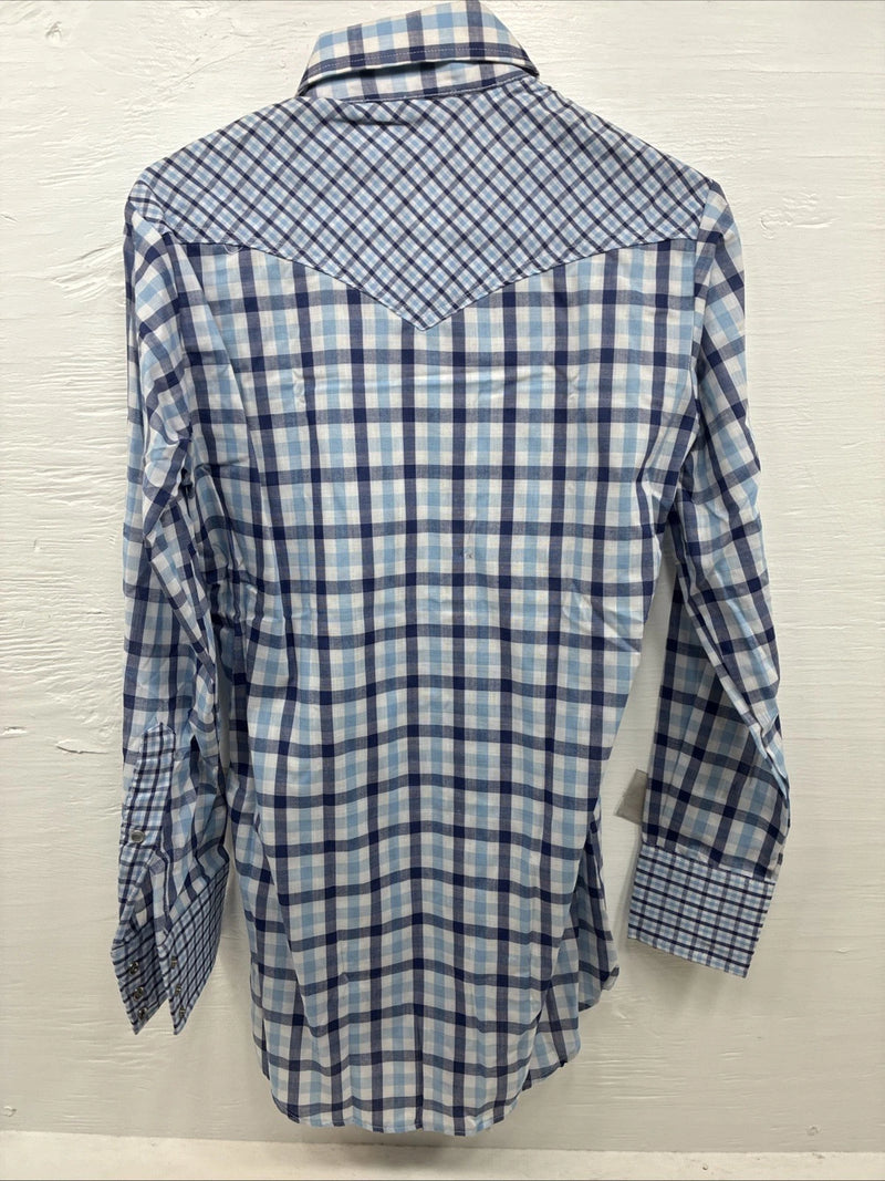 New Men’s Stockman Blue Plaid Long Sleeve Pearl Snap 14.5 Small AA-67