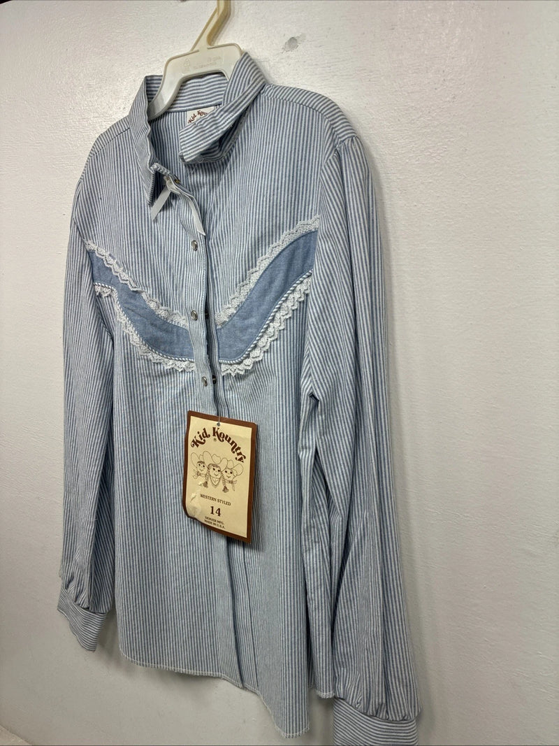 New Women’s Kid Kountry Blue Stripe Design Long Sleeve Pearl Snap Size 14 YY-10