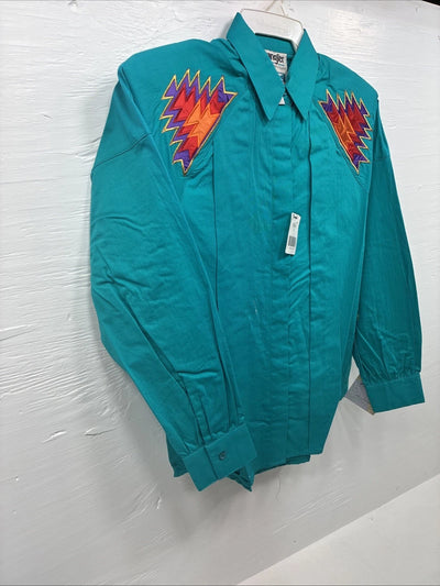 New Men’s Wrangler Teal Western Design Long Sleeve Cover Button Up Small J-49