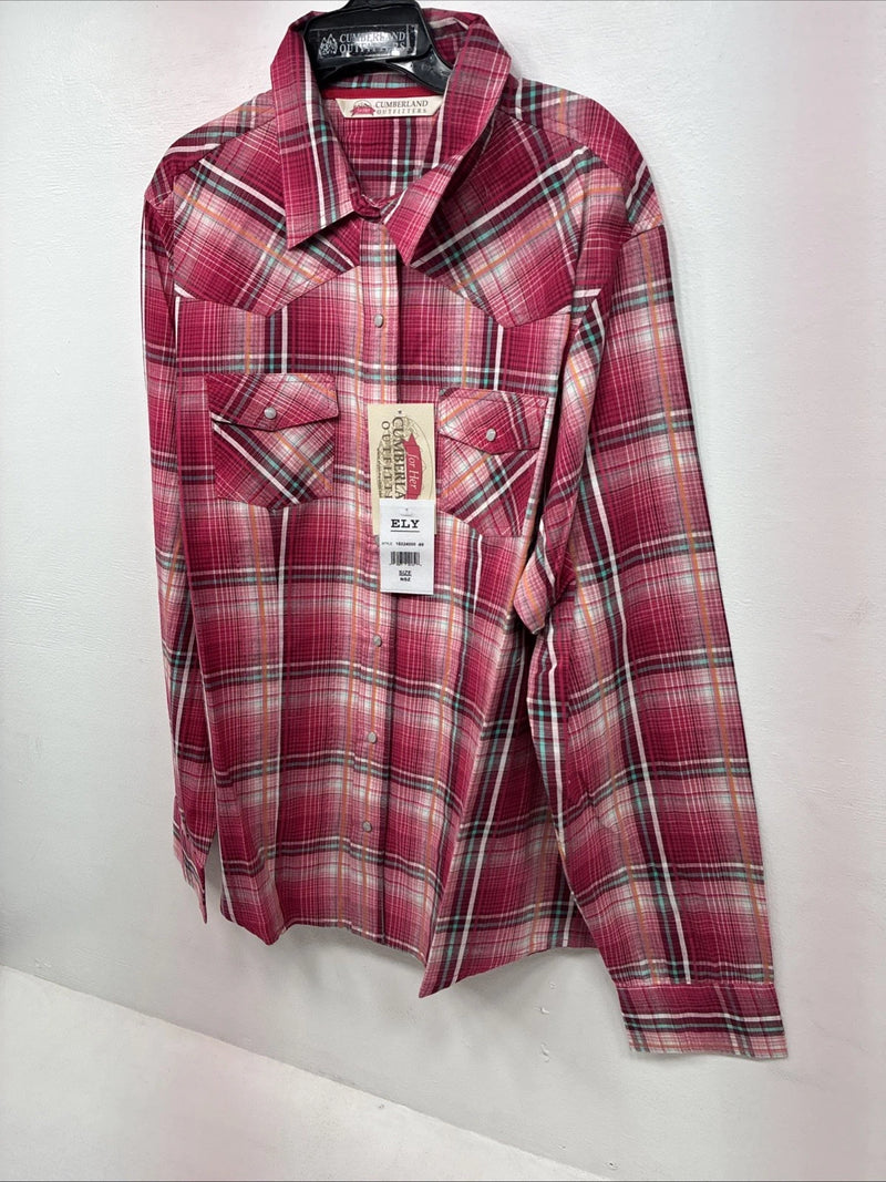 New Women’s Cumberland Pink Plaid Long Sleeve Pearl Snap XL II-14