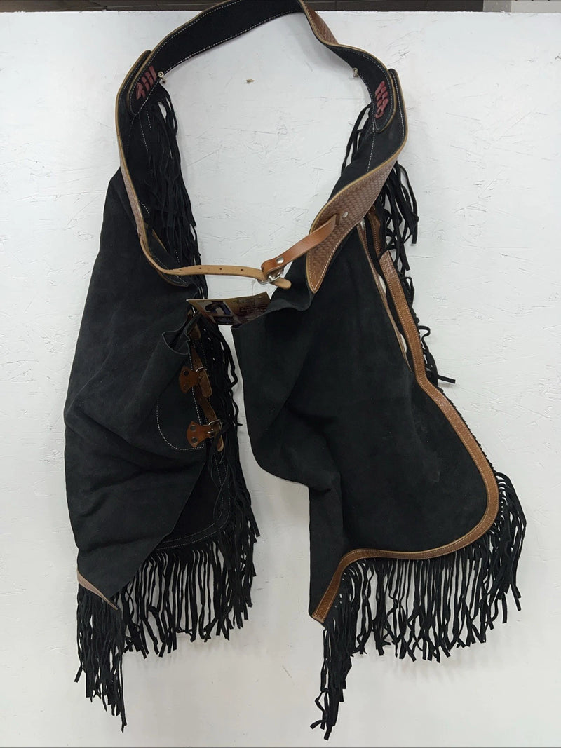 New Tough 1 Black Show Chaps With Fringe Adjustable Waist 46” N-24