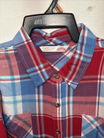 New Women’s Cumberland Red Blue Plaid short Sleeve Button Up Medium LL-51