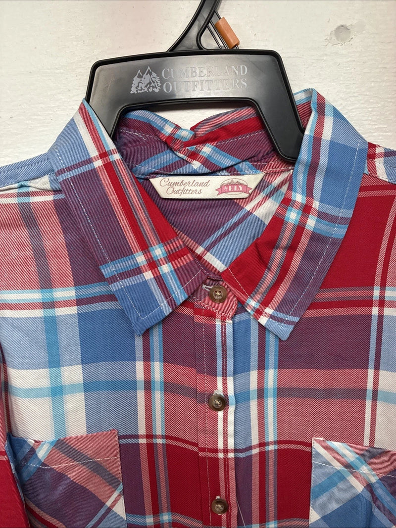 New Women’s Cumberland Red Blue Plaid short Sleeve Button Up Medium LL-51
