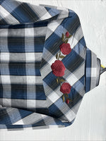 New Emma ELY Cattleman Blue Gray Plaid Long Sleeve Pearl Snap Large AA-16