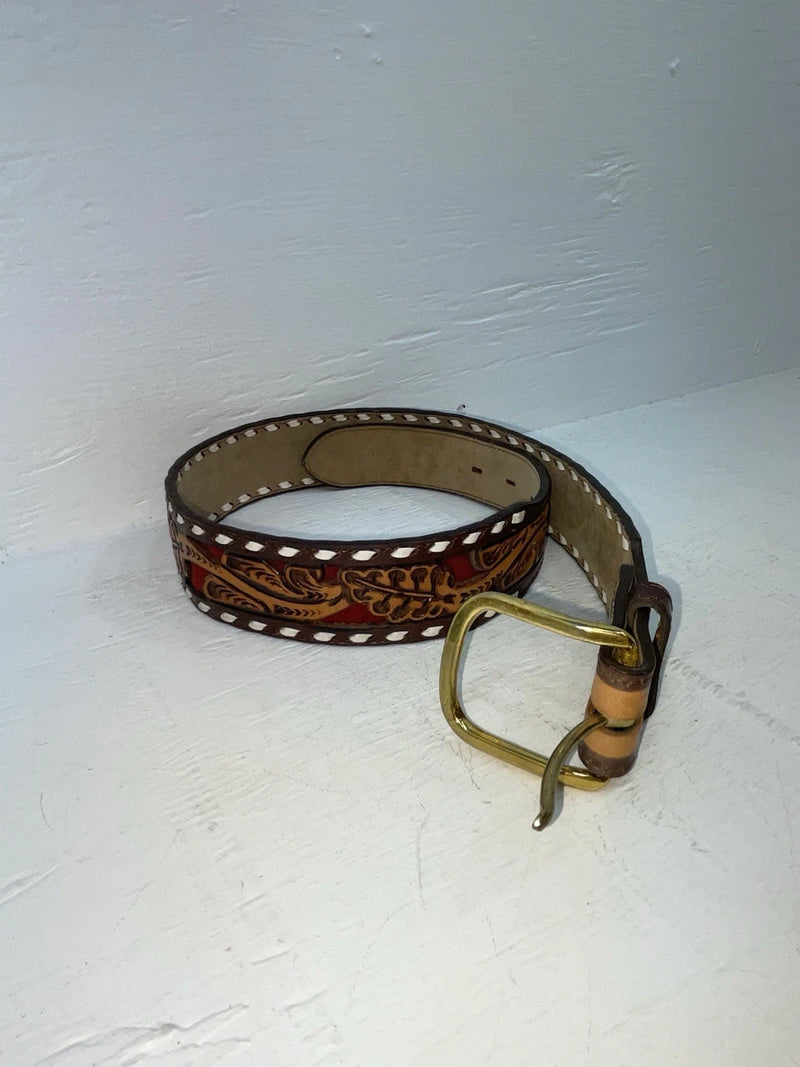 New Red Genuine Leather Longhorn Tooled 30” Belt #82828 JJ-140