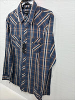 New Men’s ELY 1878 Blue Brown Plaid Long Sleeve Pearl Snap XL T-13