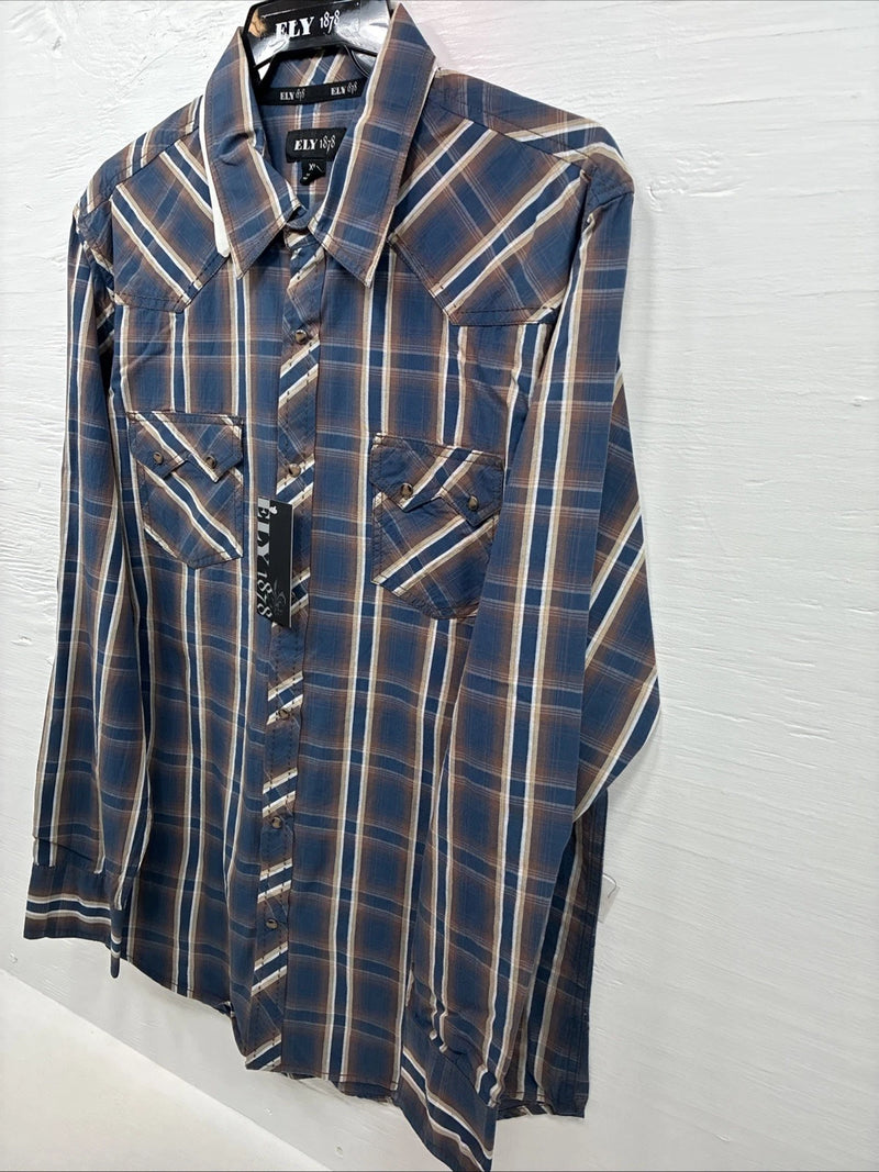 New Men’s ELY 1878 Blue Brown Plaid Long Sleeve Pearl Snap XL T-13