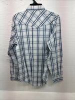 New Men’s ELY 1878 White Blue Plaid Long Sleeve Pearl Snap XL J-38