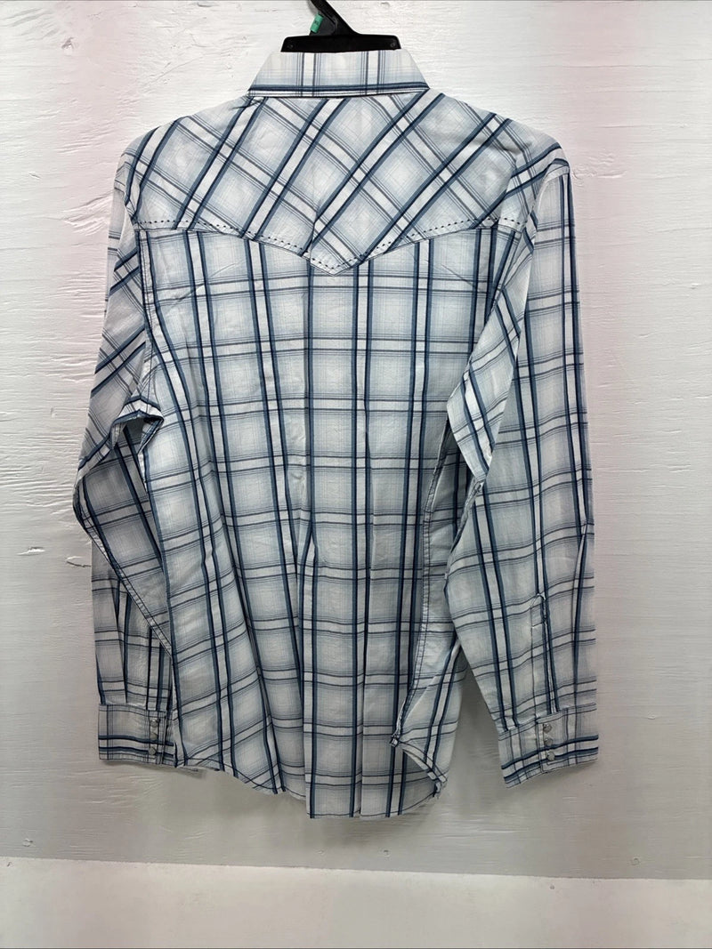 New Men’s ELY 1878 White Blue Plaid Long Sleeve Pearl Snap XL J-38