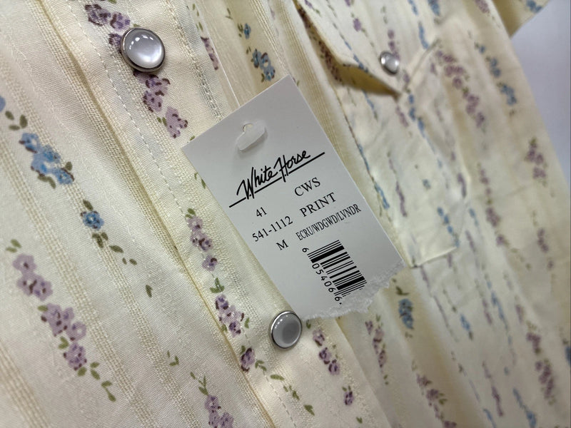 New Women’s White Horse Yellow Floral Short Sleeve Pearl Snap Medium II-97