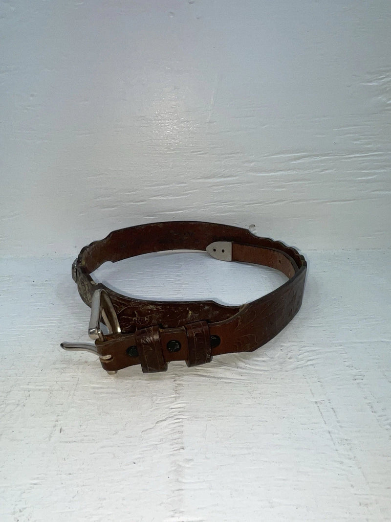 New Brown Genuine Leather Tooled And Silver Pendent 28” Belt #5721 JJ-151