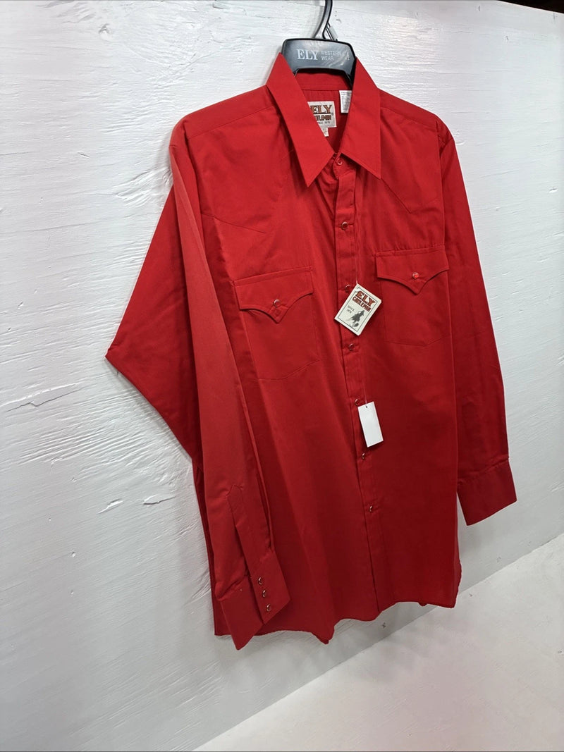 New Men’s ELY Cattleman Western Red Long Sleeve Pearl Snap 16.5 Large V-45
