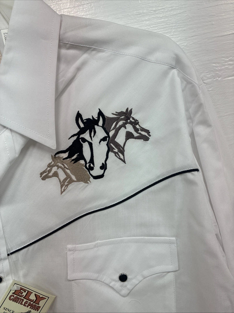 New Men’s ELY Cattleman White Horse Design Long Sleeve Pearl Snap Large X-23