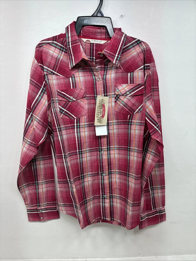 New Women’s Cumberland Pink Plaid Long Sleeve Pearl Snap XL GG-29