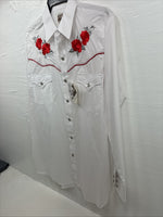 New Men’s ELY Cattleman White Red Rose Design Long Sleeve Pearl Snap Medium K-60