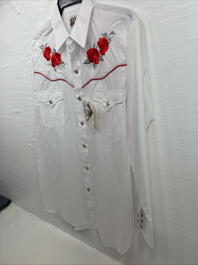 New Men’s ELY Cattleman White Red Rose Design Long Sleeve Pearl Snap Medium K-60