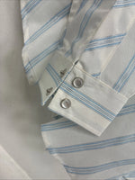 New Women’s White Horse White Blue Stripe Long Sleeve Pearl Snap Large GG-72