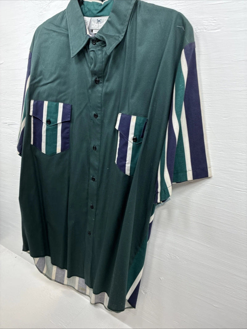 New Men’s Cowboy Threads Green Purple Short Sleeve Button Up Large Q-94