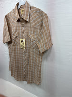 New Men’s ELY Cattleman Tan Plaid Short Sleeve Pearl Snap Medium Short K-70