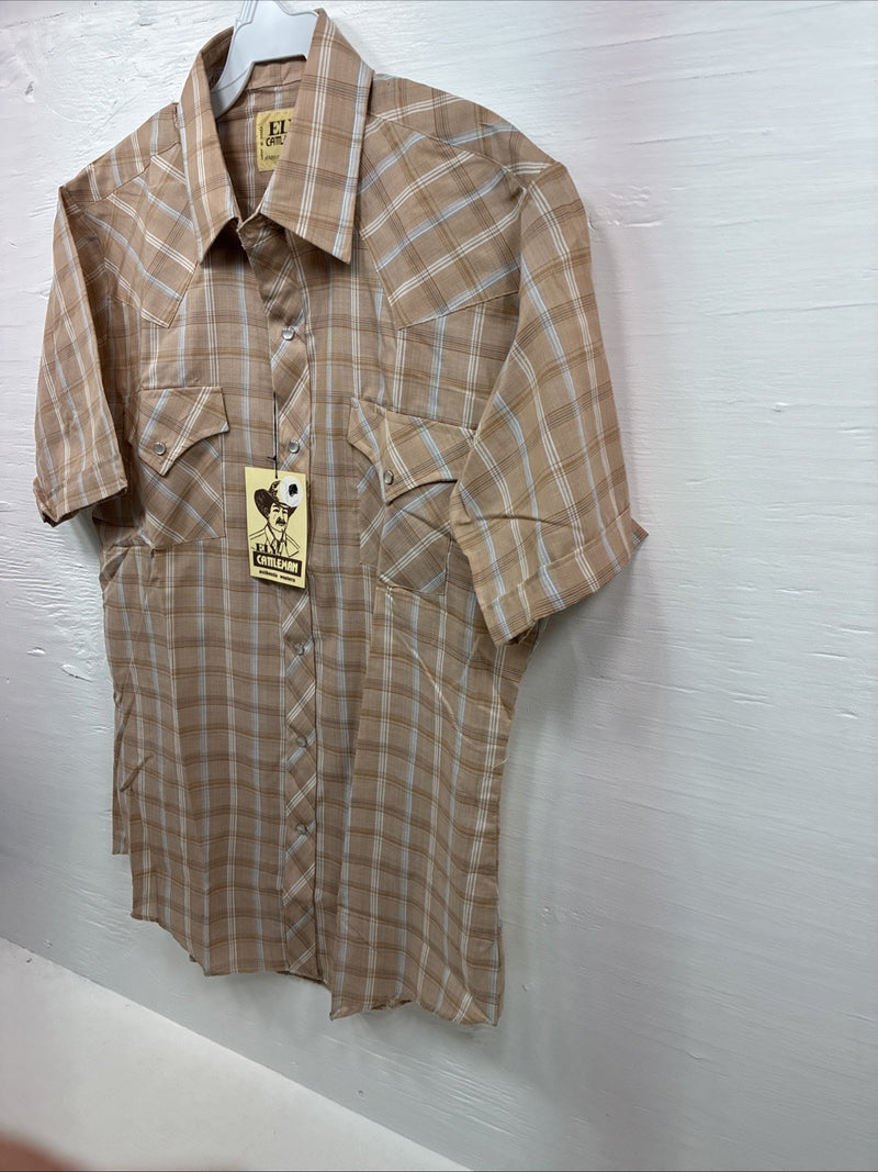 New Men’s ELY Cattleman Tan Plaid Short Sleeve Pearl Snap Medium Short K-70