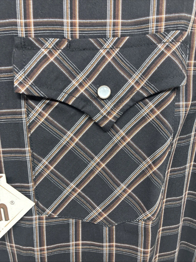 New Men’s ELY Cattleman Black Brown Plaid Short Sleeve Pearl Snap XL T-29