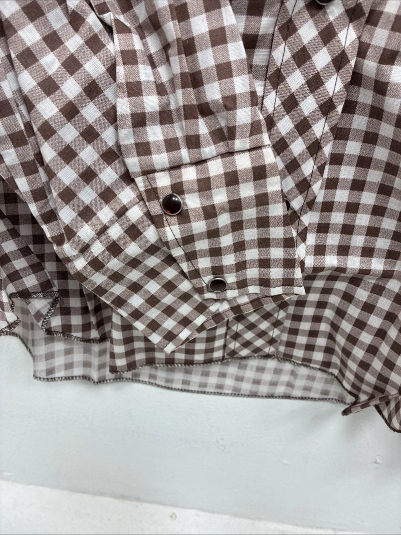 New Women’s Karman Brown Checkered Long Sleeve Pearl Snap Size 38 II-88