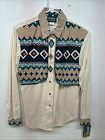 New Women’s Roughrider Tan Designed Long Sleeve Button Up Medium YY-96