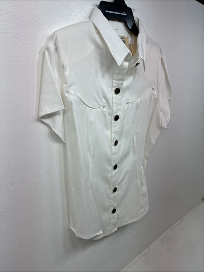 New Women’s Denim Jeans White Short Sleeve Button Up Large MM-136
