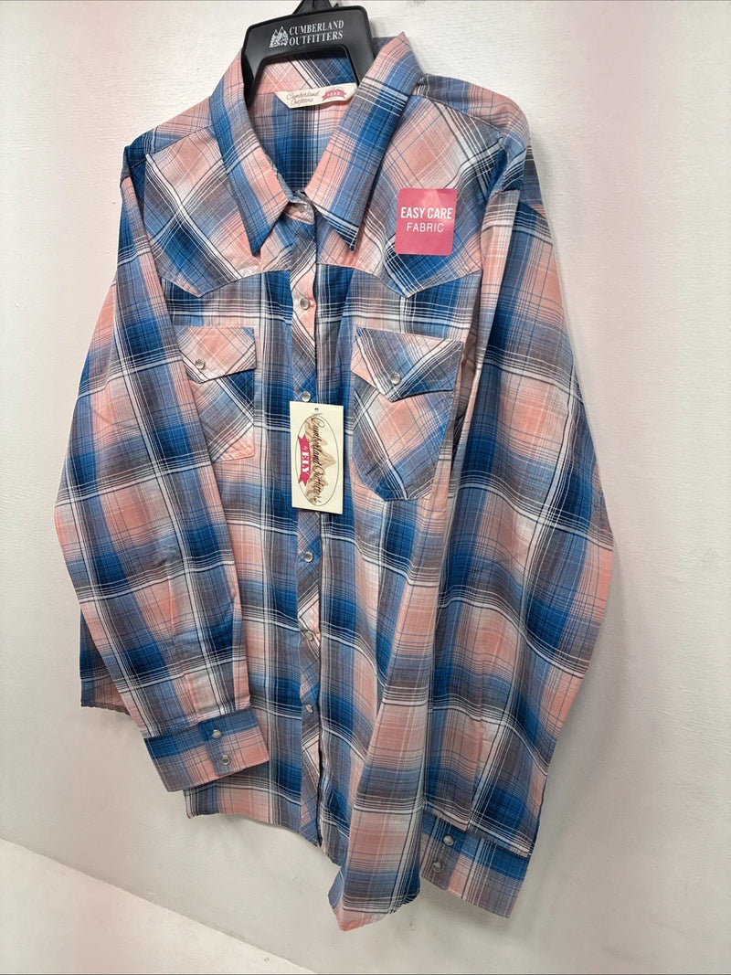 New Women’s Cumberland Pink Blue Plaid Long Sleeve Pearl Snap 1XL Plus GG-39