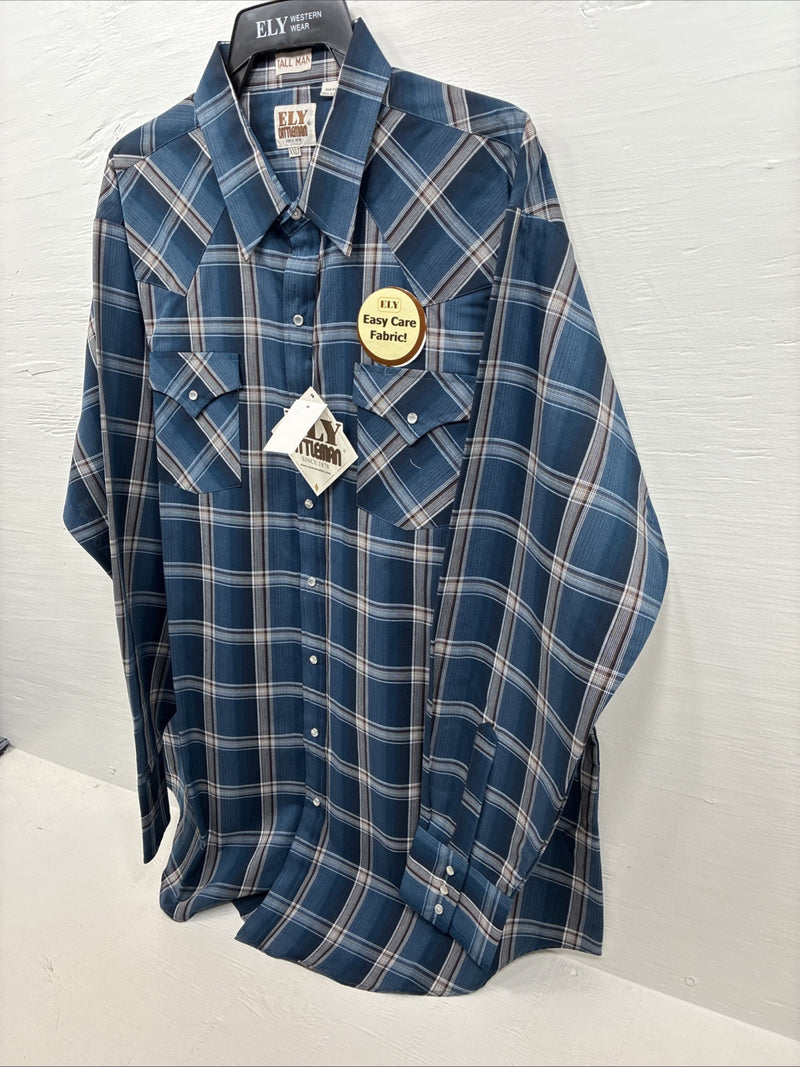 New Men’s ELY Cattleman Blue Flannel Long Sleeve Pearl Snap 2XLT F-60